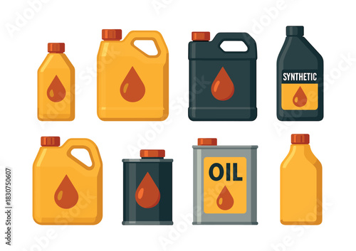 Oil containers set, flat vector illustration, lubricant, synthetic, plastic bottles