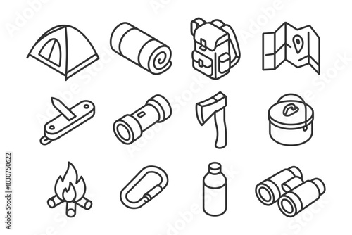 Camping gear icons: tent, backpack, map, knife, flashlight, axe, pot, campfire, carabiner, bottle, binoculars.
