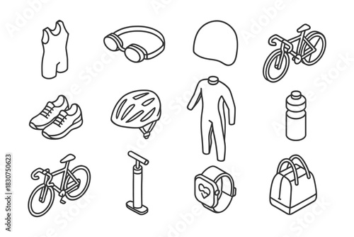Line art bicycle gear and accessories collection: helmet, water bottle, shoes, bicycle, pump.