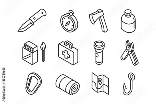 Outline icons of camping gear: knife, compass, axe, canteen, survival tools.