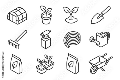 Garden tools and supplies icons: greenhouse, plants, watering can, shovel.
