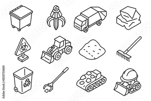 Collection of line art icons for waste management and construction equipment.