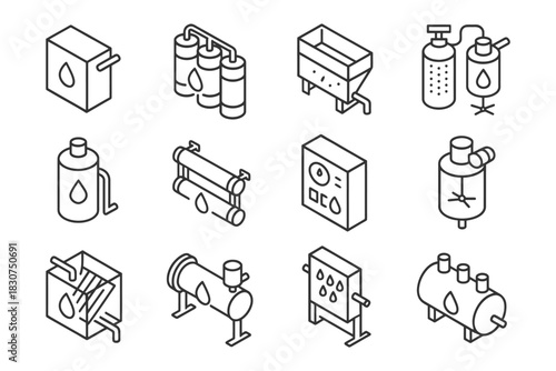 Set of isometric water filtration icons with various equipment designs.