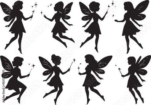 "Magical Fairy Silhouettes with Wands and Wings – Fantasy Vector Illustration"