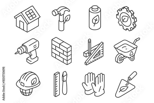 Isometric construction and gardening tools icons set with hammer, drill, hardhat, and more.