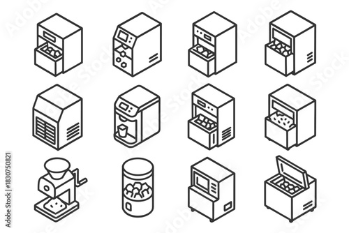 Set of isometric ice maker icons representing various commercial ice machines.