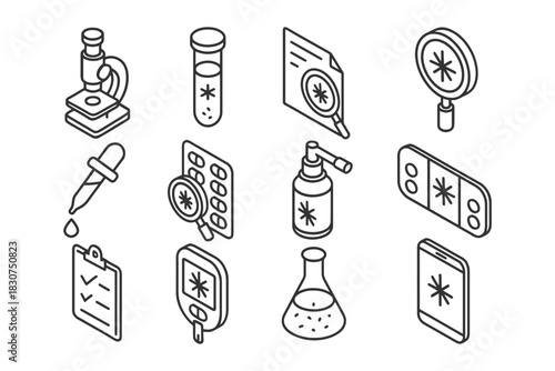 Isometric medical research icons featuring lab equipment and testing tools.
