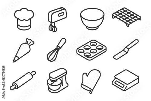 Outline icons of baking tools: chef hat, whisk, mixer, rolling pin, oven mitt.