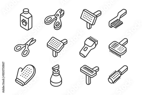 Pet grooming tools set outline icons for cats and dogs.