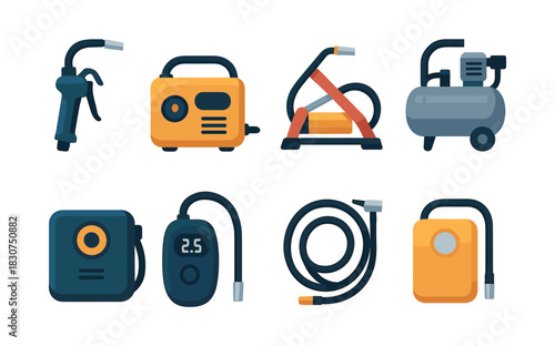 Air compressor toolkit, flat vector illustration, pump, hose, gauge, equipment