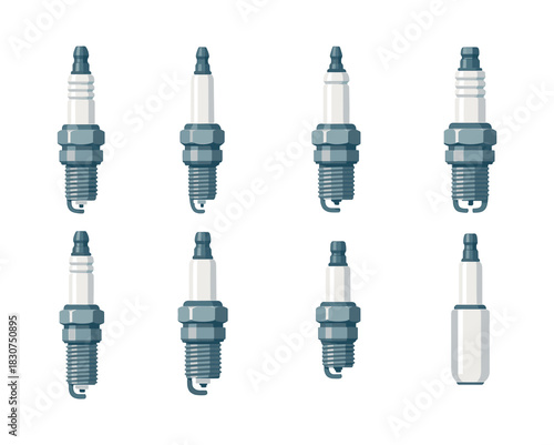 Spark plug collection, automotive parts, flat vector illustration, ignition components