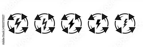 Energy refill icon set. Power cycle symbol with lightning, vector illustration