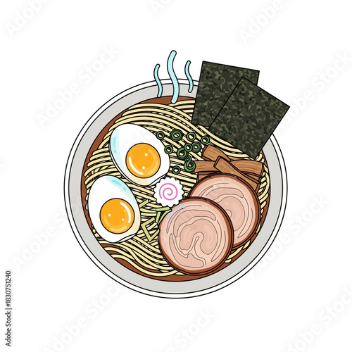 Classic Japanese Noodle Soup Illustration A Steaming Bowl with Pork Slices, Soft-Boiled Eggs, Nori, and Green Onions, Presented in a Flat Vector Style