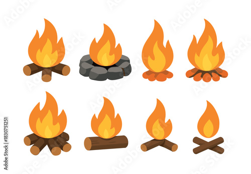 Campfire and bonfire elements, flames and logs, flat vector illustration