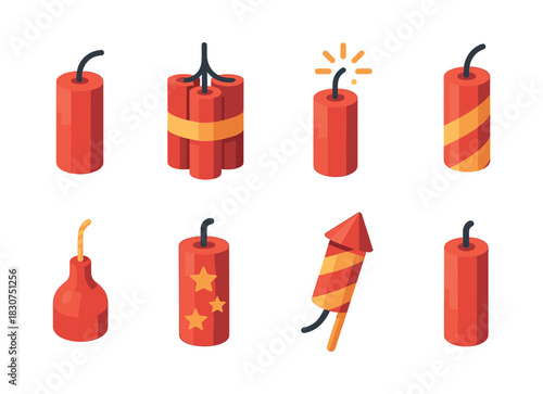 Fireworks and firecrackers, flat vector illustration, explosive celebration design