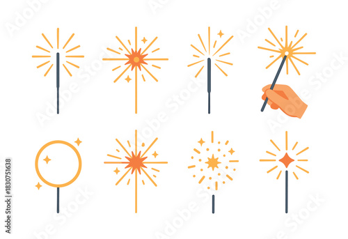 Sparkler and fireworks collection, flat vector illustration with hand illustration