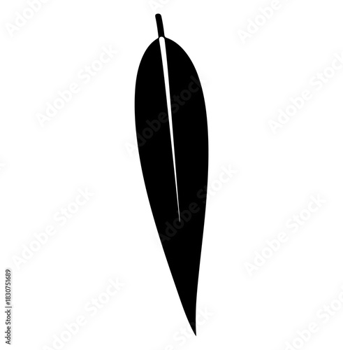 A black, stylized leaf with a white vertical line down the center, on a white background