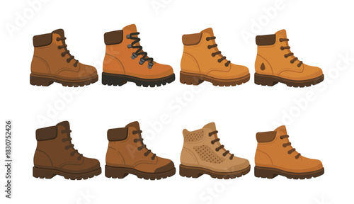 Hiking boots set, outdoor footwear, flat vector illustration of shoes