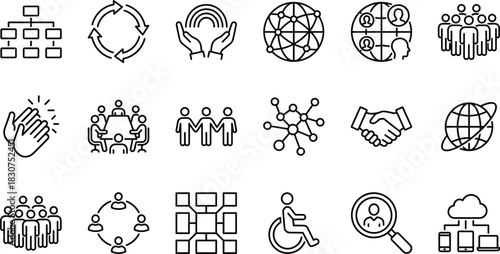 Business and communication line icons set, vector illustrations of teamwork, networking, global community, inclusion, accessibility, human resources, and collaboration