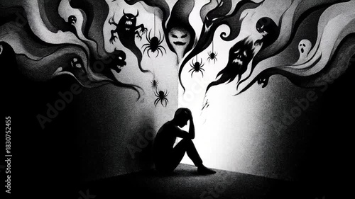 Person suffering from depression and anxiety monsters