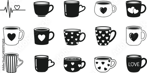 Collection of black and white heart themed coffee mugs and electrocardiogram line with heart