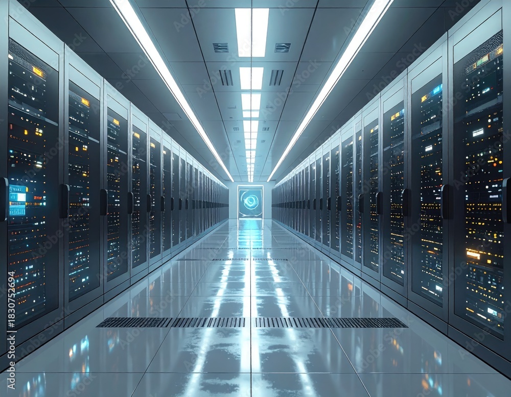 Fototapeta premium Server room, bright, endless aisle, glowing computers