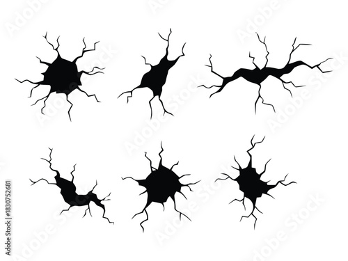 Cracked Hole Silhouette Vector Set. Broken Wall Effect Graphics. Broken Surface Crack Icons