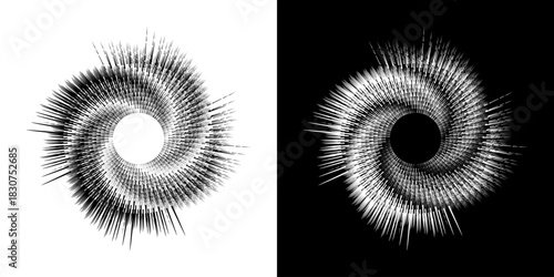 Dynamic abstract spiral sound wave rhythm lines. Circular spiral sound wave rhythm of lines. Circular futuristic abstract lines, black and white background.	
