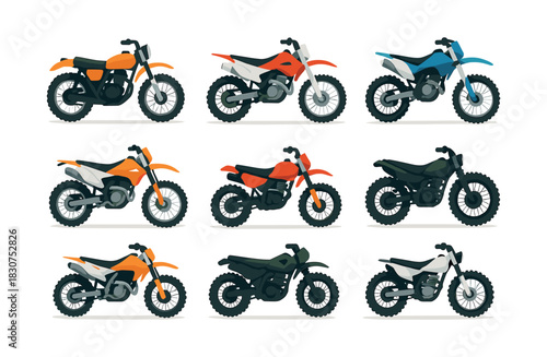Motorcycle collection vector illustration, flat style, bicycles, dirt bikes