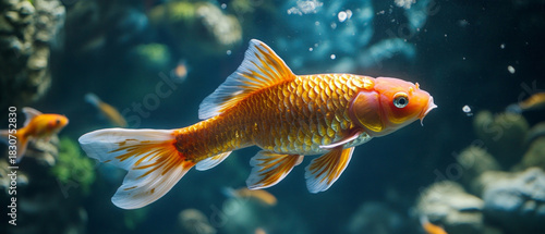 A bright golden fish glides gracefully among the algae in an aquarium, highlighting the beauty of the underwater world — a universal decorative backdrop for articles about pets or interior design.