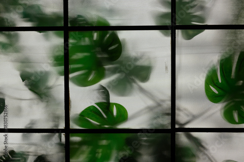 Blurry Monstera leaves peek through frosted glass panes divided by black muntins, creating a serene, abstract interplay of nature and architecture with softened light, texture, and organic shapes.