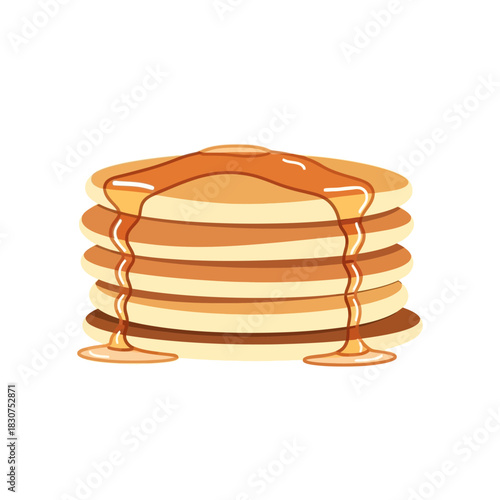 Stack of golden pancakes with maple syrup drizzled over them, a delicious breakfast treat
