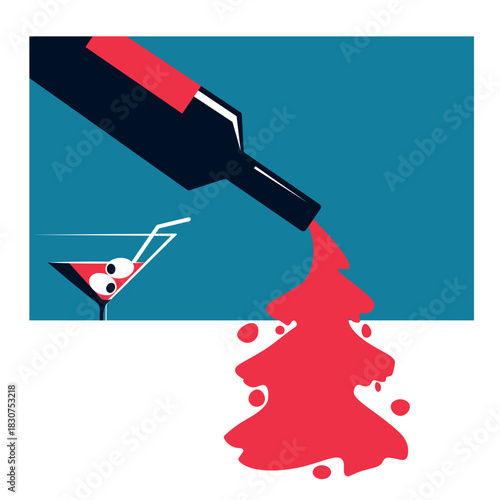 Bar poster, restaurant banner, New Year's celebration concept, party, Christmas tree. Vector flat design, wine bottle, glass, bar counter, drinks, Chardonnay, Merlot, wine tasting