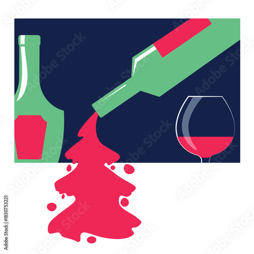 A horizontal banner for a restaurant, a bar poster, a flat illustration of a bottle of alcohol, a glass, and a Christmas tree. Concept for celebrating New Year's and Merry Christmas: pouring wine