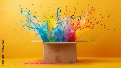 Bright splashes of multicoloured paint from an open cardboard box convey an explosion of creativity, providing an excellent dynamic background for advertising art supplies or creative projects.
