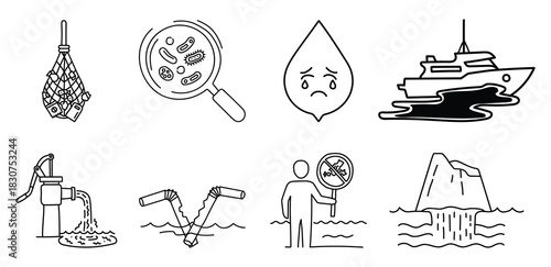 Water pollution vector icons depicting various sources of contamination issues