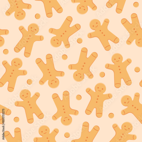 Gingerbread man cookie seamless pattern. Christmas and holiday season sweet treat background. Festive winter dessert vector illustration
