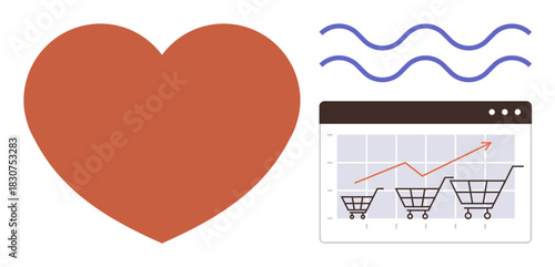 Heart symbol representing customer loyalty, upward graph tracking e-commerce growth, and wavy lines for creativity. Ideal for marketing, analytics, customer engagement, sales, e-commerce, business
