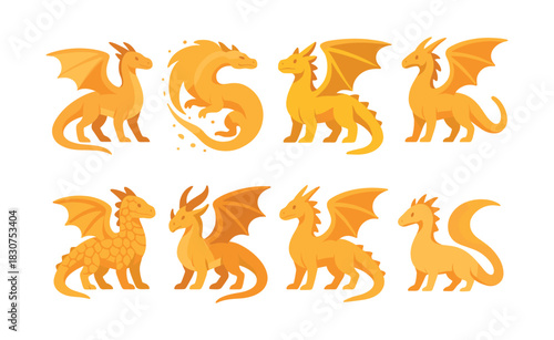 Dragon collection, mythical creatures, fantasy beasts, flat vector illustration