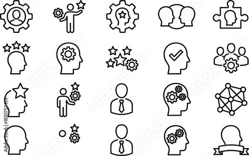 Business expertise and management line icon set, featuring strategy, skill development, teamwork, human resources, mental process, and leadership symbols.