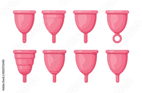 Menstrual cup collection, feminine hygiene, flat vector illustration designs
