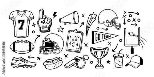Hand-drawn American football vector set with equipment, play icons, trophies, fan items, and doodle elements. Perfect for sports graphics, and game day designs.
