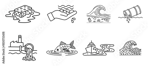 Collection of hand drawn icons illustrating environmental pollution and climate change impacts