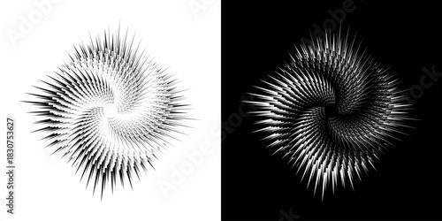 Dynamic abstract spiral sound wave rhythm lines. Circular spiral sound wave rhythm of lines. Circular futuristic abstract lines, black and white background.	

