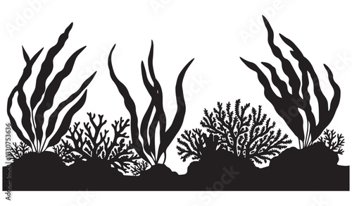 "Diverse Marine Coral Silhouette Vector Set with Detailed Reef and Seaweed Illustrations"