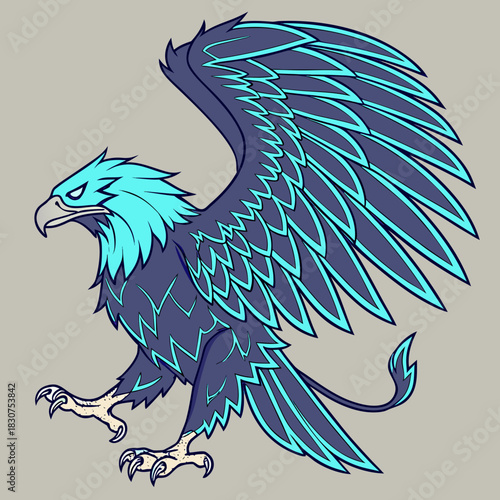 Stylized illustration of a griffin with blue and black feathers, ready to swoop down.