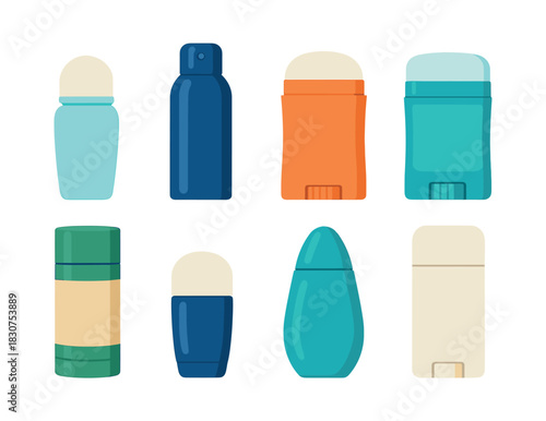 Deodorant container collection, flat vector illustration, personal care packaging