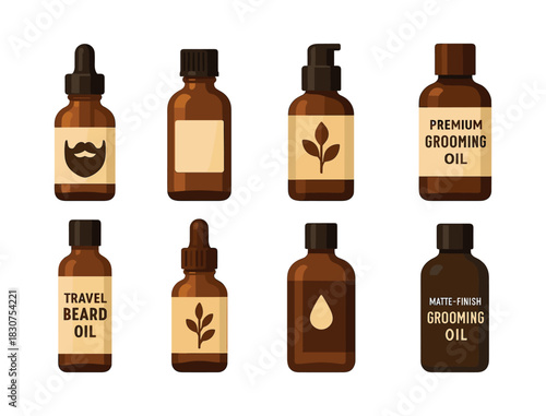 Beard grooming oil bottles, flat vector illustration, skincare, cosmetics design