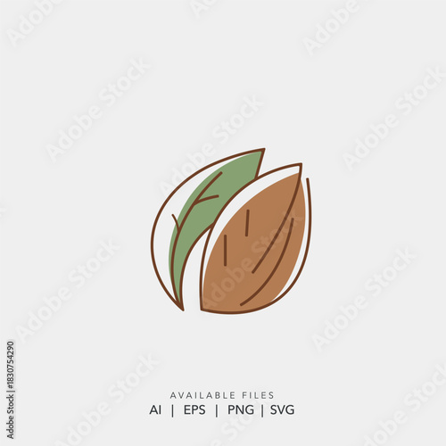 Minimalist organic almond nut logo vector illustration, Abstract agricultural farm emblem featuring stylized brown nut