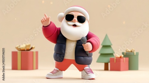 Trendy santa claus rockstar singing christmas carols on christmas trees and gifts background